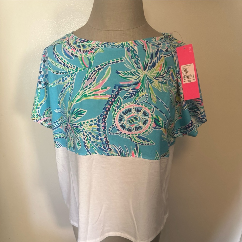 Lilly Pulitzer Finn Cropped Short Sleeve Top Bermuda Blue Turtle NWT Size Medium